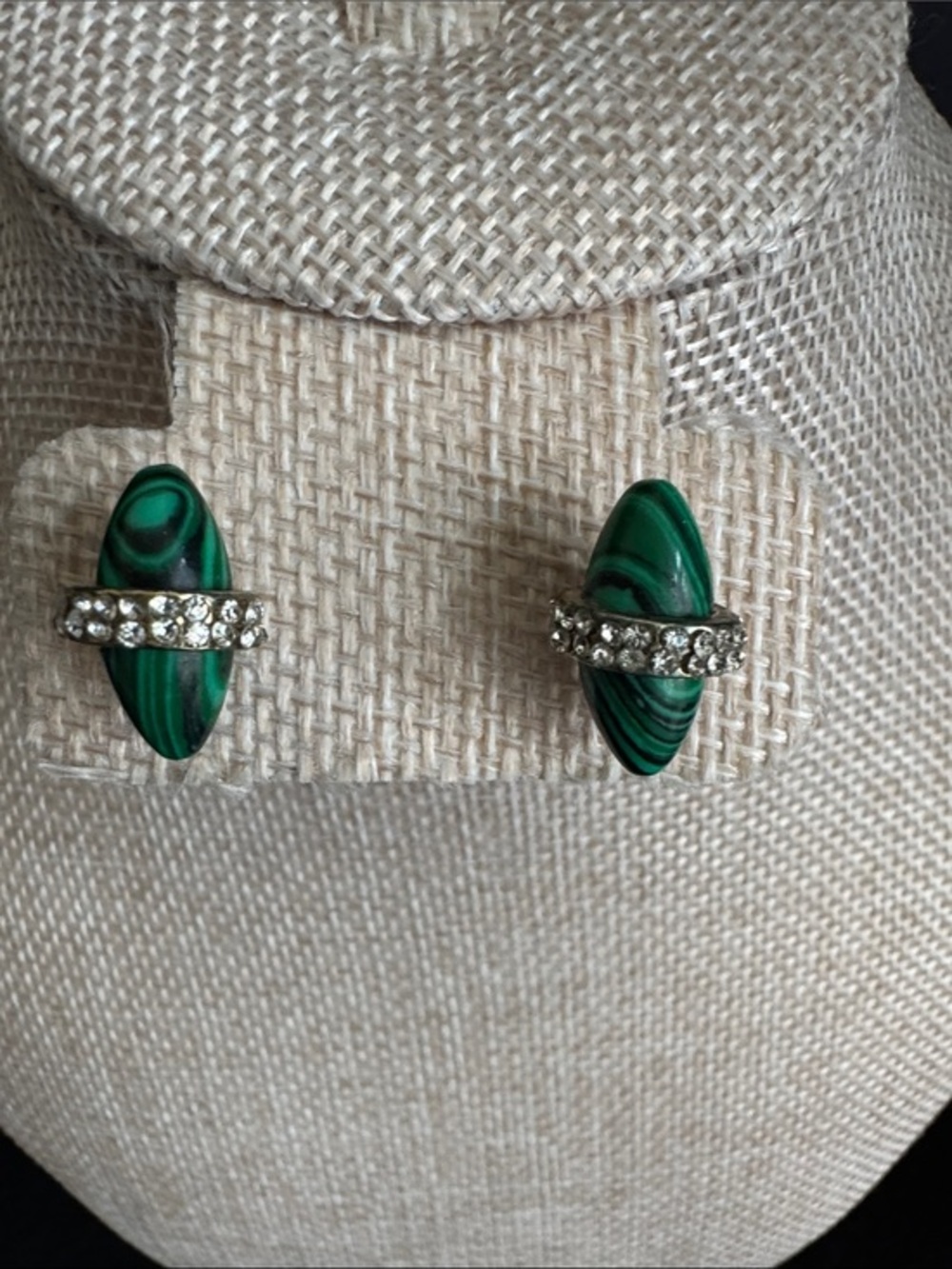 VTG Malachite and Rhinestone Art Deco Style Stud Earrings
